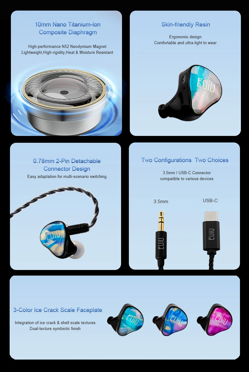 EUIU EI-01 Dynamischer Treiber Allround-HiFi-IEM mit 0,78mm 2-Pin Abnehmbarem Anschlussdesign – Detail 2