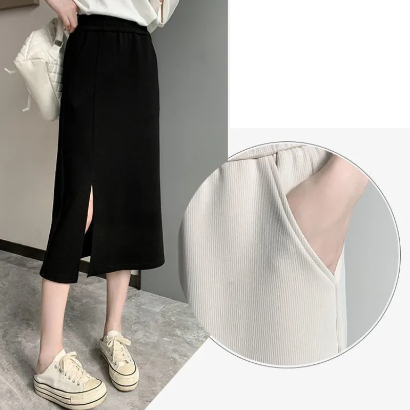 Spring Summer Women's Clothing Elastic High Waisted Solid Color Vacation Elegant Straight Short Knee Preppy Style Vintage Skirts