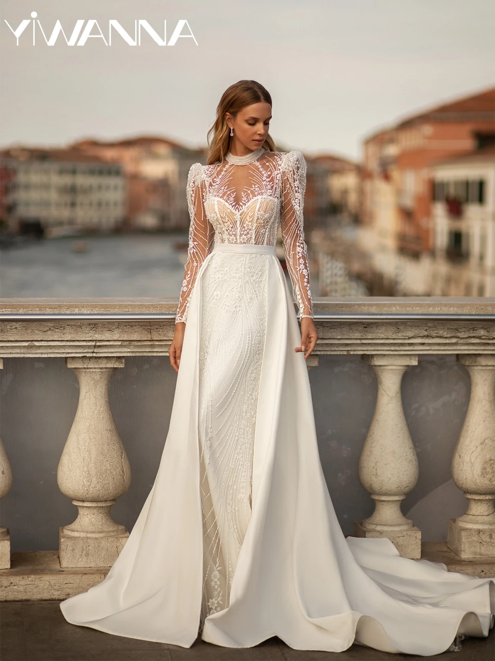 

Luxury Embroidery Beaded Wedding Dress Detachable Train High Collar Bridal Gown Customized Long Sleeve Dresses For Bride
