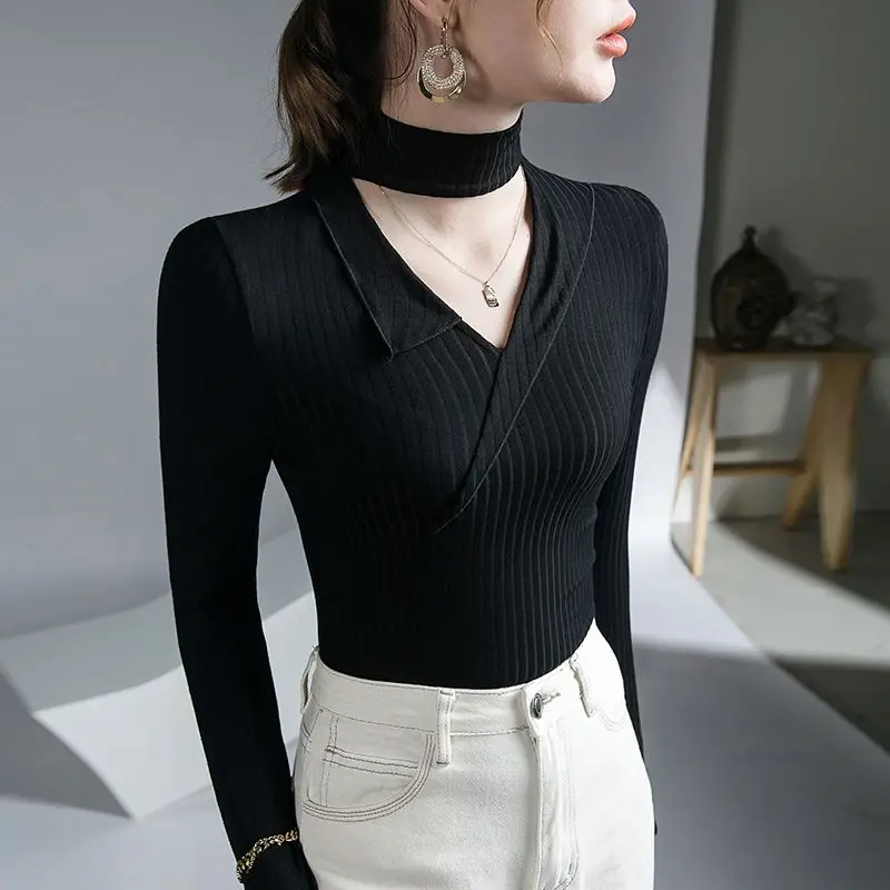 Elegant Fashion Hollow Halter Solid Color All-match Long Sleeve Tops Sexy Slim Spliced Knitted Sweaters Jumpers Women\'s Clothing