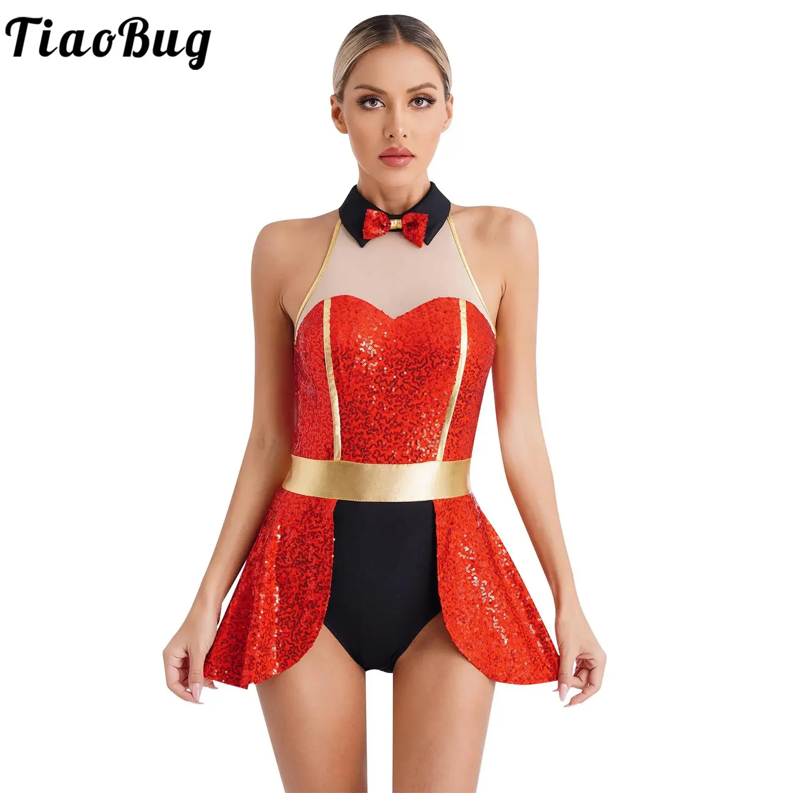 

Womens Circus Ringmaster Cosplay Costume Leotard Dress Sleeveless Shiny Sequin Skirted Bodysuit One Piece Ice Skating Dresses