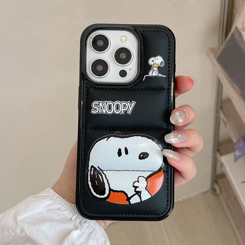 Fashion Snoopy Peanuts Down Jacket Puffer Case for iPhone 15 14 13 12 11 Pro Max X XS XR Plus Original Lovely Silicone Cover