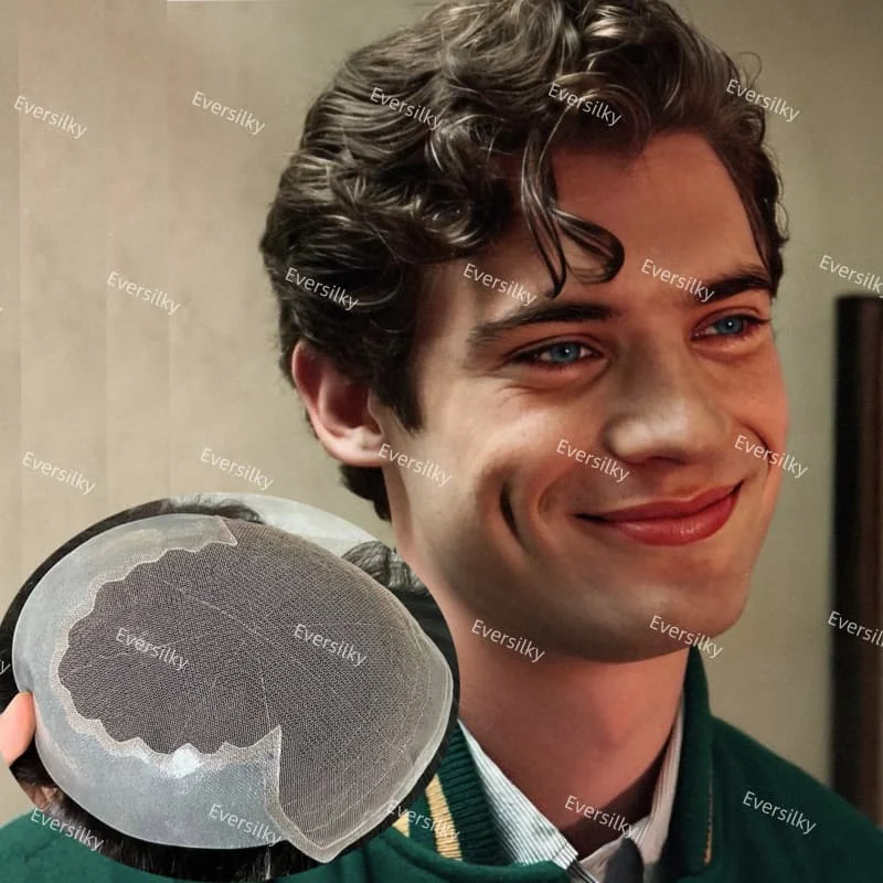 

#1#1b natural black Male Capillary Prosthesis 110%-130%density Comfortable q6 swiss lace & pu with bleached knotted men toupee