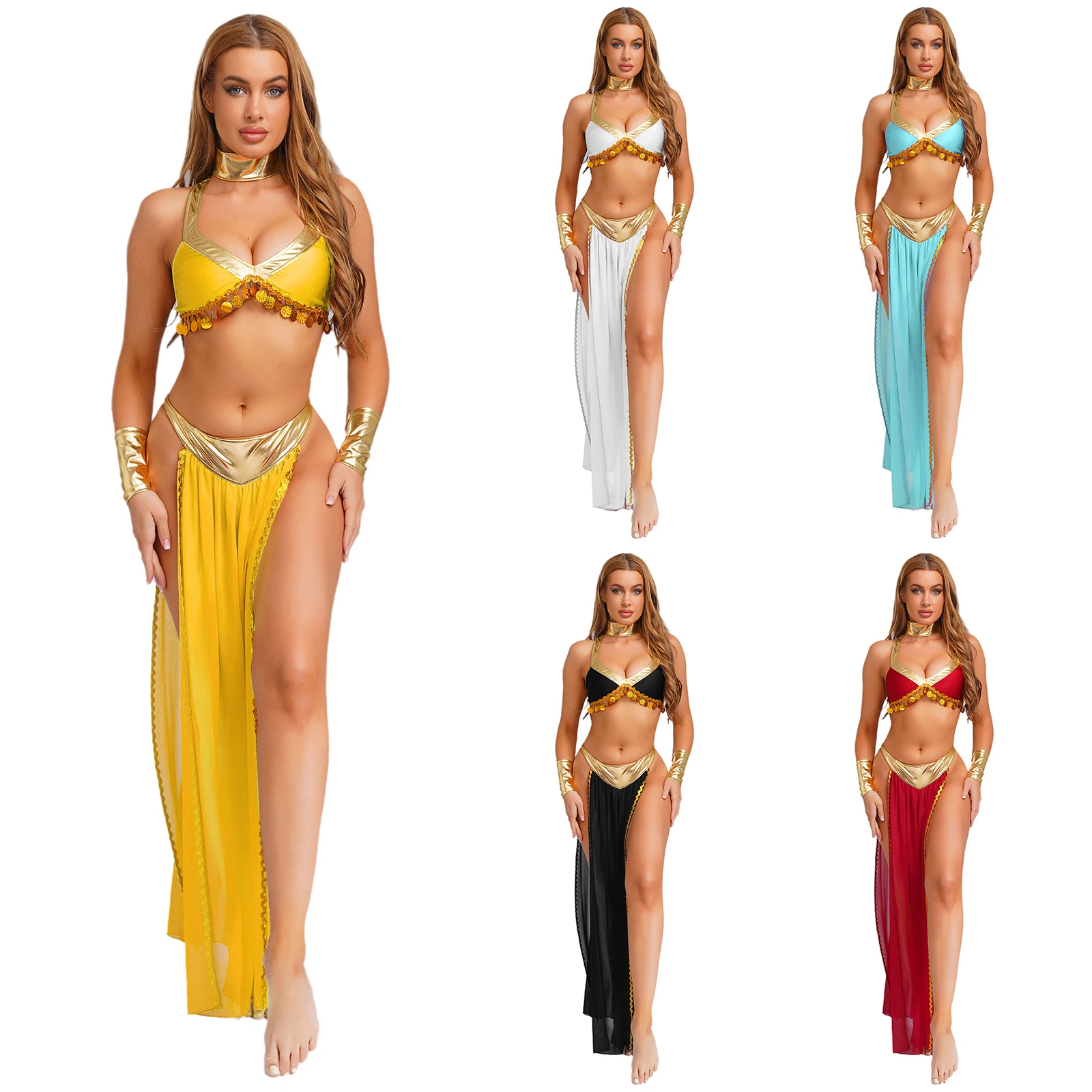 Fiesta temática de Halloween para mujer, reina de Cleopatra egipcia antigua, diosas del sol, disfraz de Cosplay, Top corto con falda con abertura, puños ras duchos