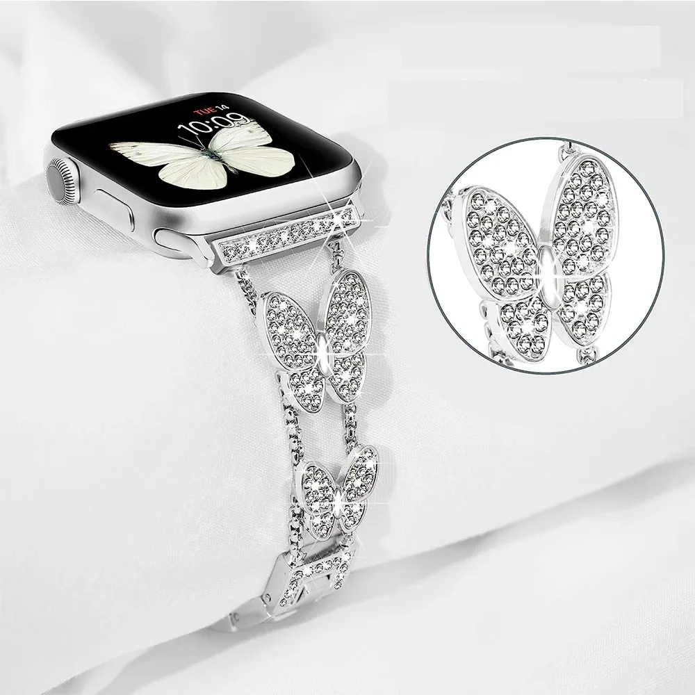 Diamond-studded butterfly design strap applies to Apple Watch S9 ultra 2 iwatch band for women