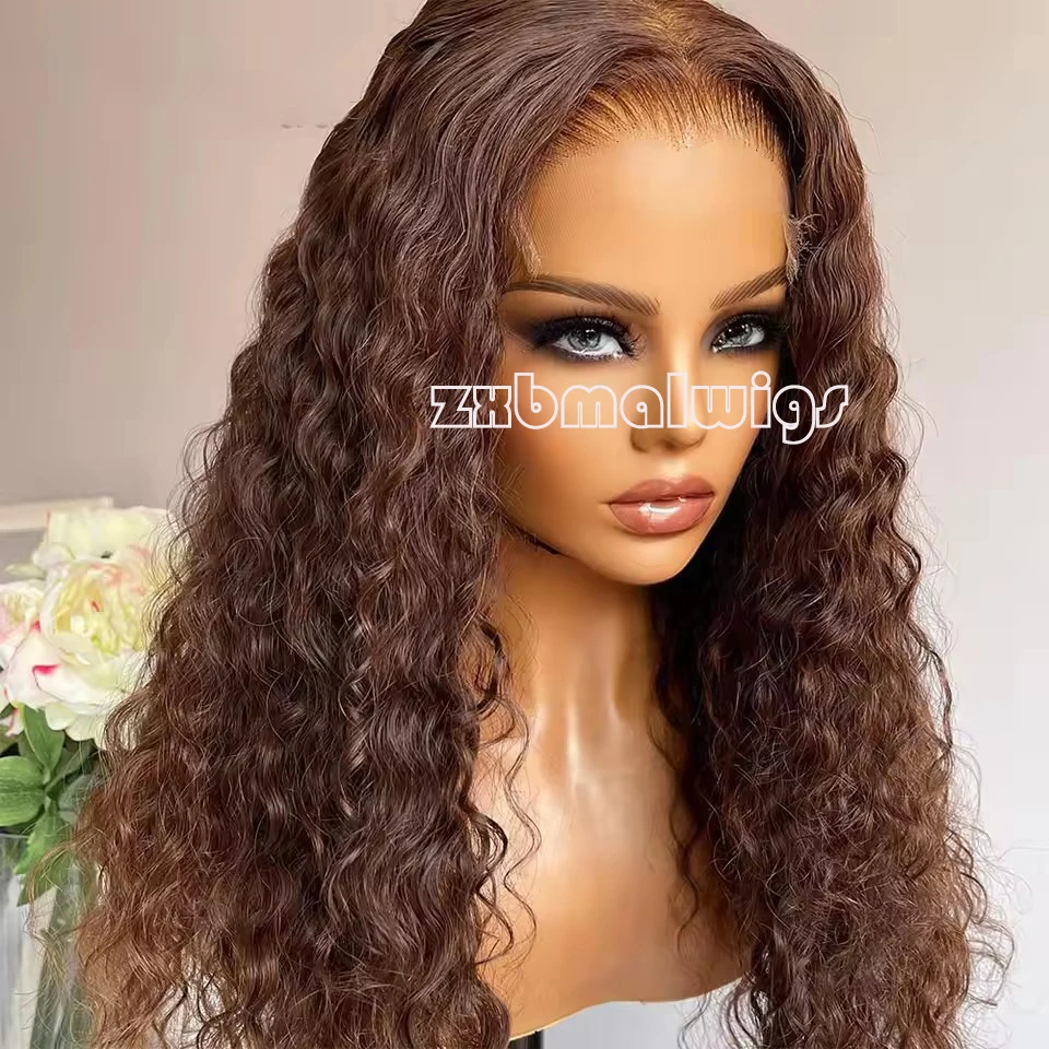 

ZXBMALWIGS Синтетические волосы 13x4 Парик фронта шнурка Кудрявые вьющиеся темно-коричневые парики Бесклеевое термостойкое волокно Парик шнурка Косплей Волокно