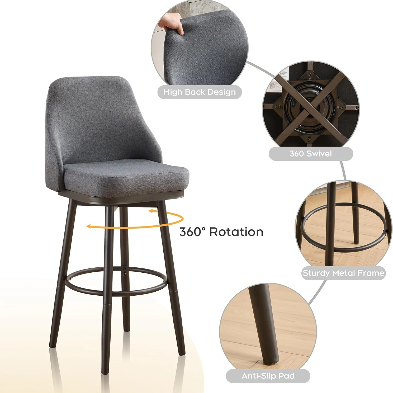 مقاعد بار دوارة بارتفاع قابل للتعديل مع ظهر ، شنيل ، كراسي بارستول طويلة حديثة ، جزيرة مطبخ ، غرفة طعام ، مقهى ، 2 #6