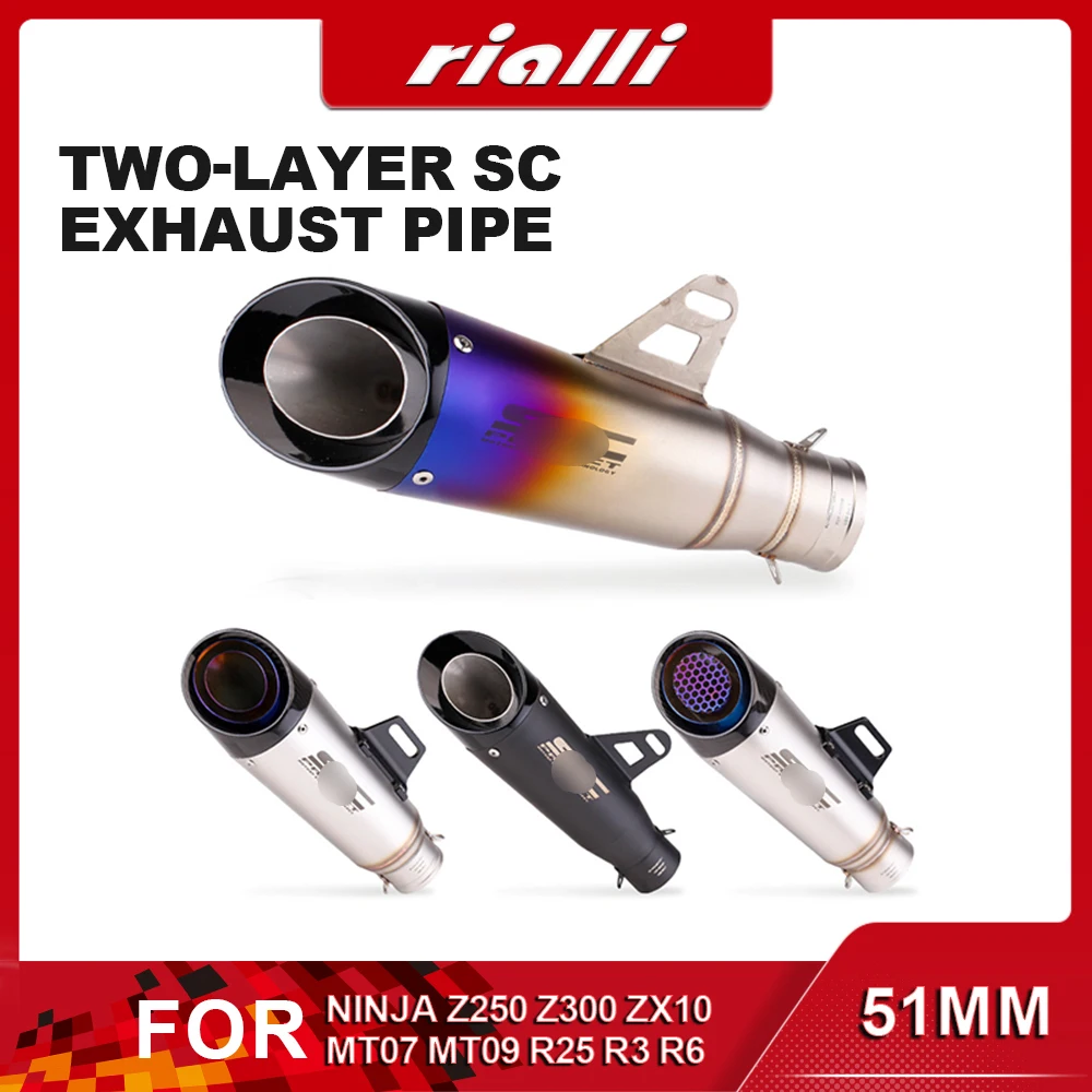 51mm SC Motorcycle Exhaust Pipes Escape Two-Layer Modified Muffler Pipe Silencer For Ninja Z250 Z300 ZX10 MT07 MT09 R25 R3 R6