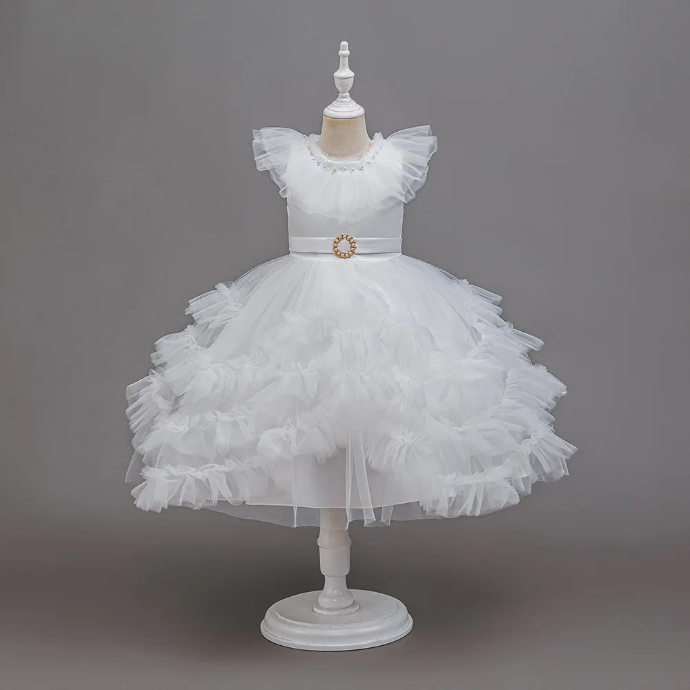HETISO Kids Girl Elegant Party Dresses For Birthday Wedding Christening White Lace Pearls Tulle Children's Ball Gown
