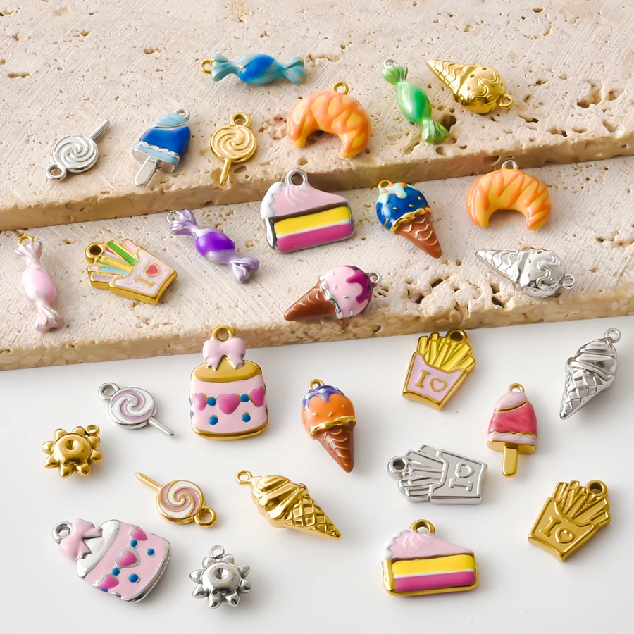 8Pcs Stainless Steel Charms For DIY French Fries Popsicle Cake Ice Cream Candy Pendant Making Earring Colorful Food Jewelry