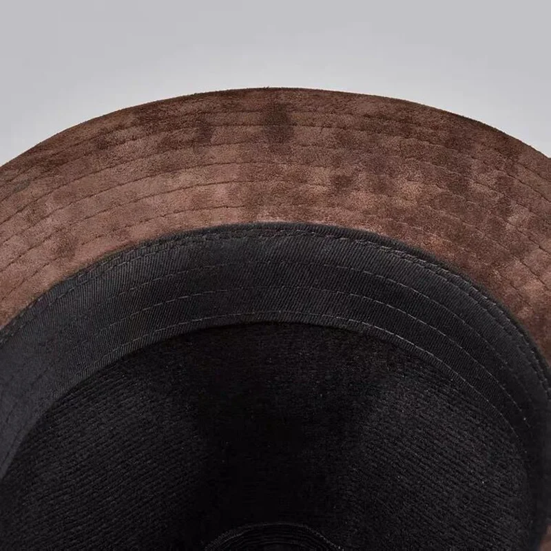 Autumn Genuine Leather Suede Brown/Black Top Hats For Men/Women British Gentlemen Wide Brim Stetson Fedoras 55-60cm Fitted