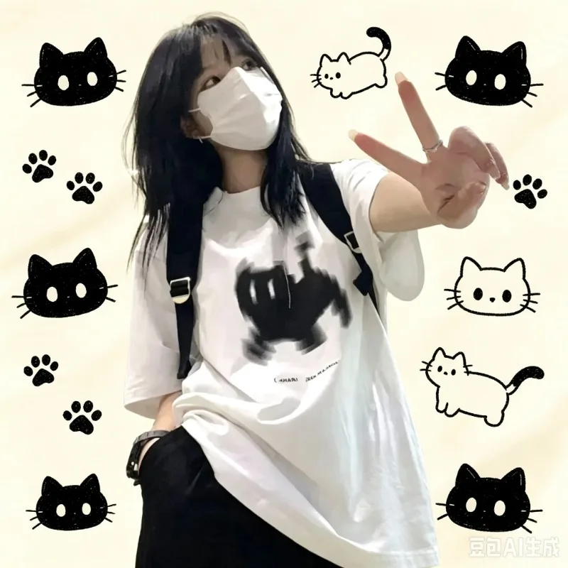 2026 Sommer Schwarze Katze Pixel Damen Print T-Shirt Mädchen Rundhals Lustiges Psychedelisches Schwarzes Katzen Casual Y2K Harajuku Top Grafik-T-Shirt