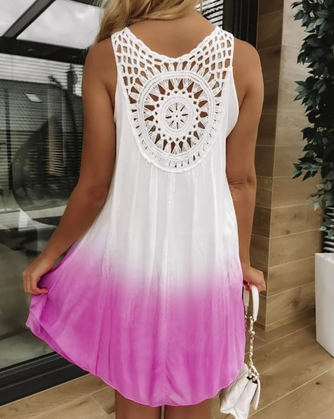 Hot Selling A Line Dress for Women Summer U-Neck Sleeveless Gradient Tie Dye Print Hollow-Out Crochet Lace Daily Vacation Dress