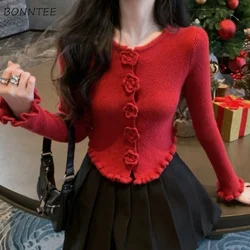 3D-flower Cardigans Women Korean Style High Street Button Designed Knitted Casual Daily Autumn Cozy Solid Long Sleeve Aesthetic