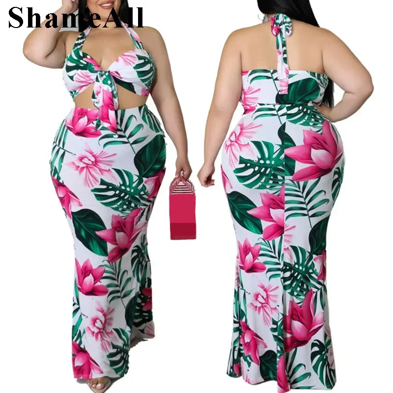 Plus Size Floral Print Dress 2 Dwuczęściowe Dopasowane Sukienki Zestawy 4XL Letnie Halter Bow Tie Crop Top Długa Spódnica Maxi Bodycon Stroje