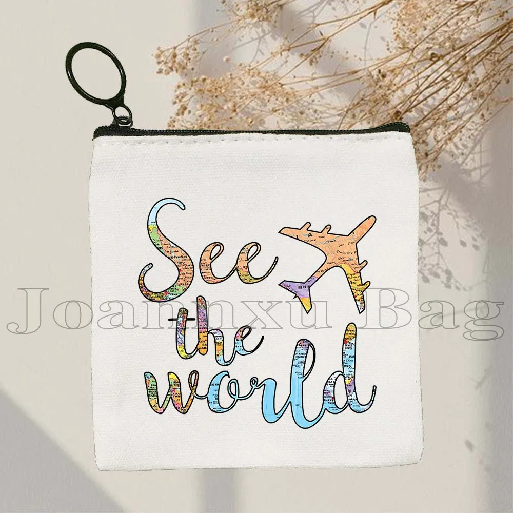 ดูแผนที่โลกสีชมพูความงาม Vintage Travel Plane Fly ผจญภัยชีวิตของขวัญสาวผ้าใบกระเป๋าเหรียญ Key กระเป๋ากระเป๋าสตางค์กระเป๋า