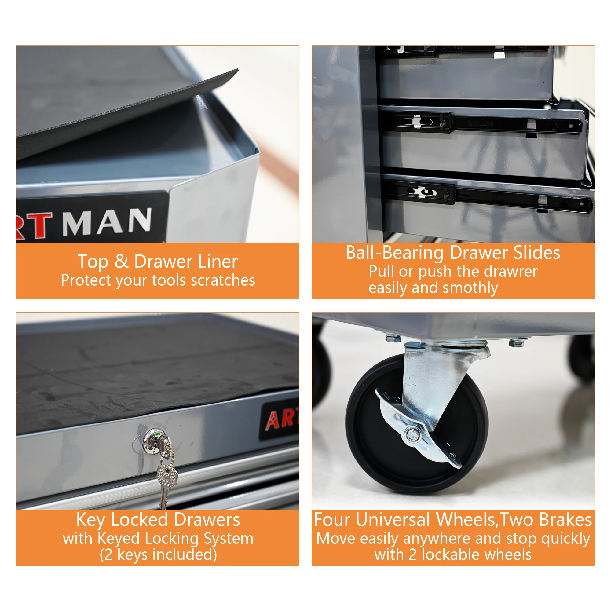 Cabinet, Box, 7 Drawer Rolling Tool Box with Key Lock for Garages, Workshops, Repair Shops, silver; Steel Rolling Tool Boxes