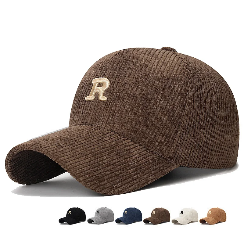 Corduroy Baseball Cap with 3D Embroidered 'R' Letter Solid Color Adjustable Structured Hat Stylish Versatile Casual Accessory
