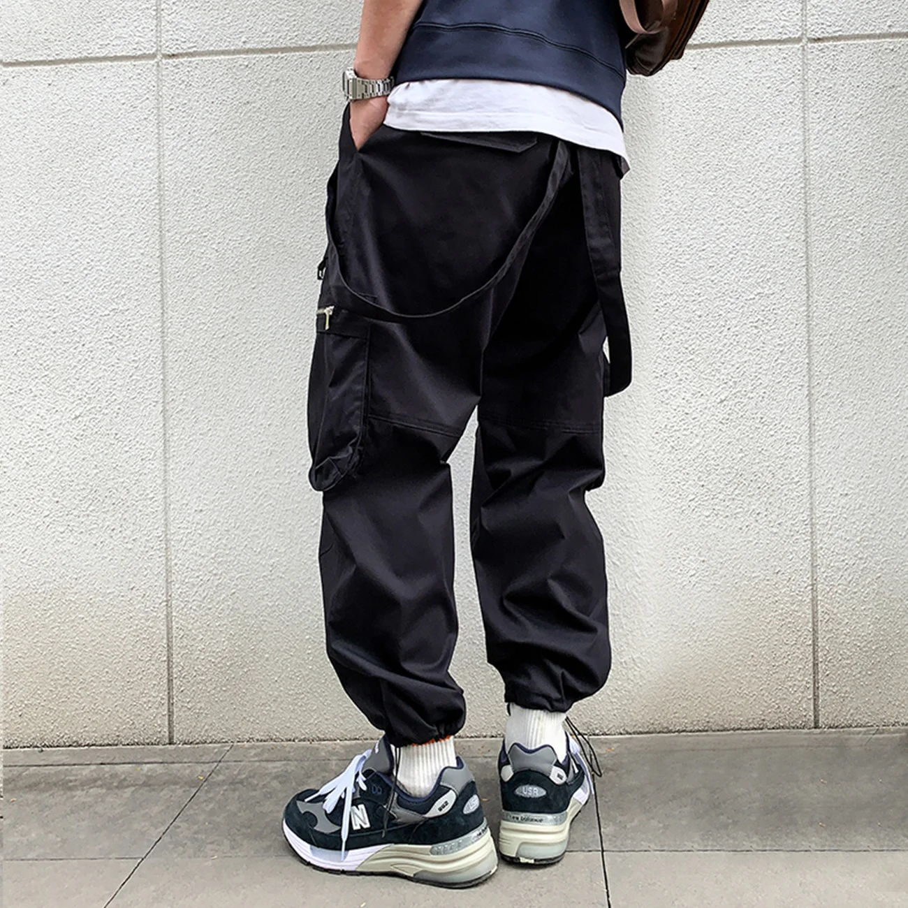 Hop Hip Cargo Pants Mens Ribbon Harem Pants Functional Loose Joggers Men Trousers Streetwear Zipper Pockets Pants