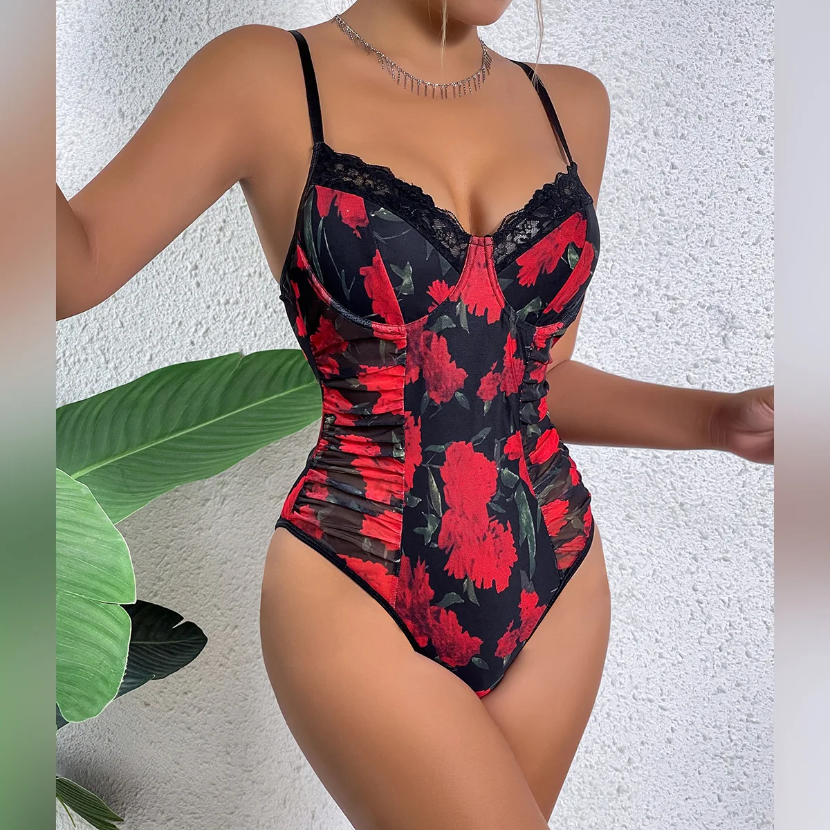 

Mesh Print Hip Lift Pleated Jumpsuit Shapewear Women's Tank Top Body Suit Thongs Slim Fit Lingerie BodyShaper Tops Halter Onesie