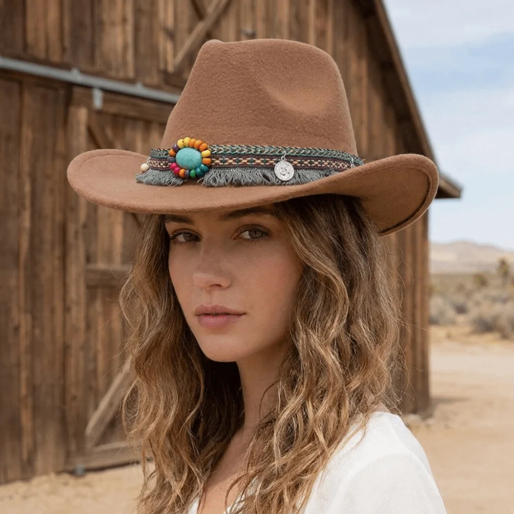 Simple Woolen Western Cowboy Hat Solid Color Big-edge Party Cosplay Hat with Tassels Roll Brim Cowgirl Jazz Hat Sun Protection