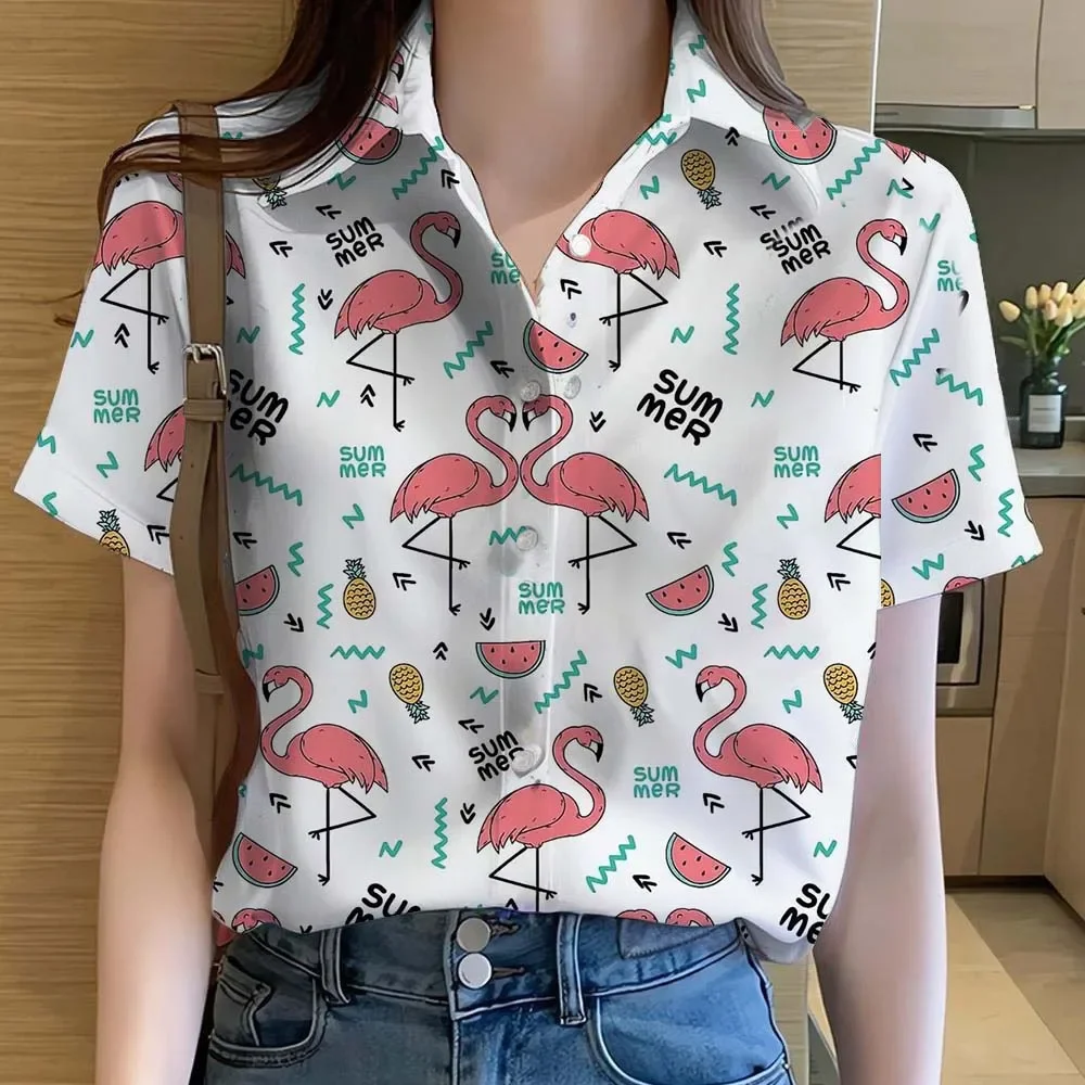 Womens Shirts Cute Cartoon Animal Flamingo 3D Printed Casual Tops Blouses Hawaiian Short Sleeve Button Beach Shirt Summer Shirts