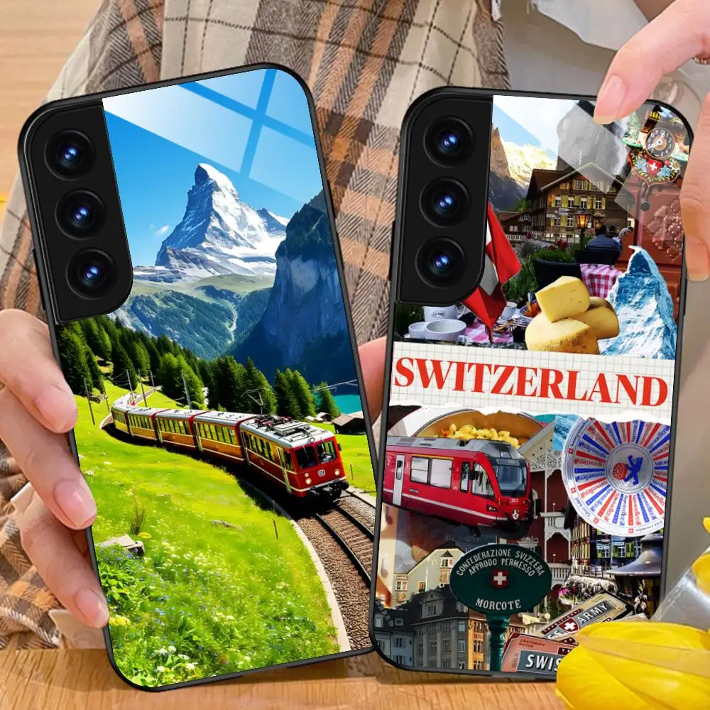 سويسرا العلم قضية الهاتف المحمول لسامسونج غالاكسي A56 55 54 53 52 51 36 35 34 23 16 15 5 جرام غطاء زجاجي فاخر جميل