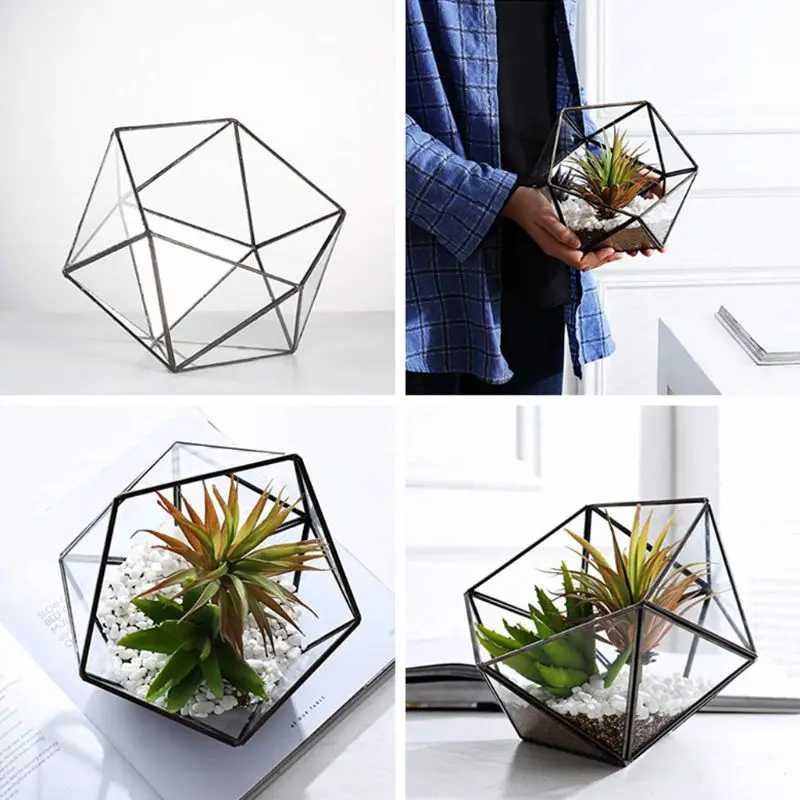 Szklane Terrarium schowek stojak na biżuterię, szklane geometryczne Terrarium Tabletop sukulenta Box sadzarka etui na uchwyt (czarny