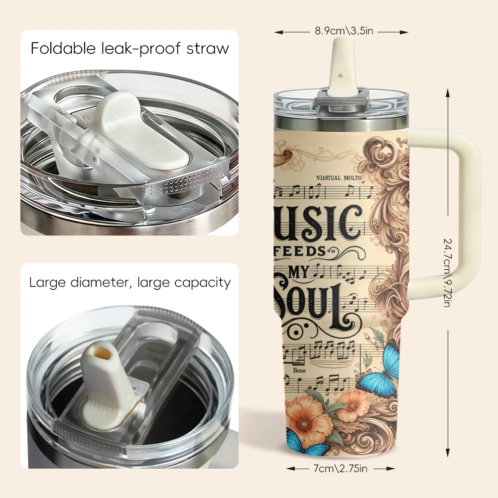 Music Feeds Soul Flowers Vacuum Flasks 40oz 3rd Gen Vacuum Insulated Stainless Steel Tumbler Cup with Handle Straw Lid for Gifts - view 5