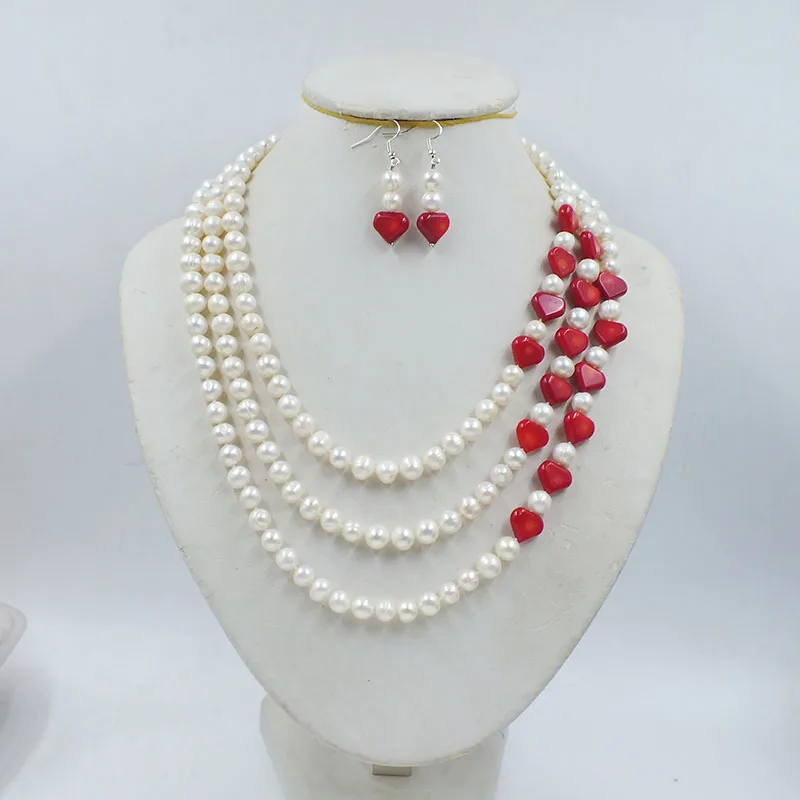 

3 rows of 8MM natural pearl/coral necklace/earrings set. Perfect Bride Wedding Jewelry