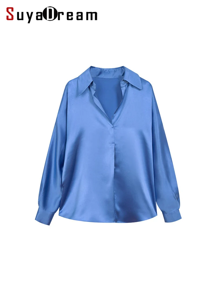 SuyaDream, Women Silk Blouses, 100%Real Silk, Bat Sleeves, Solid Elegant Shirts, 2024 Spring Summer Office Lady Top, Blue, Khaki