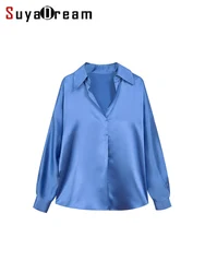 SuyaDream, Women Silk Blouses, 100%Real Silk, Bat Sleeves, Solid Elegant Shirts, 2024 Spring Summer Office Lady Top, Blue, Khaki