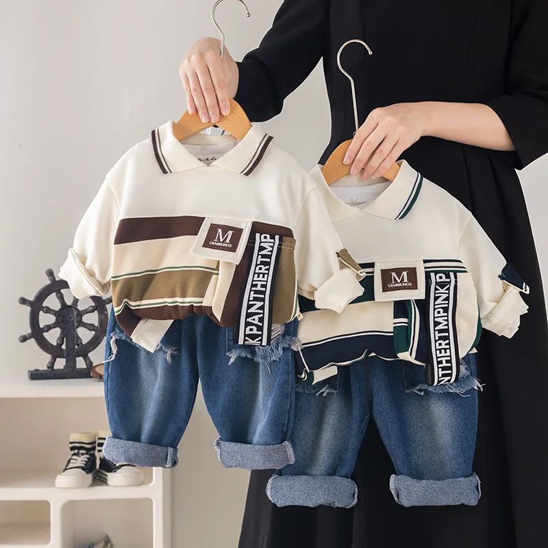 Kinder anzug Herbst neue lässige gestreifte Polos hirt Jeans Mode Kinder 2-teilige lang ärmel ige Jungen anzug Baumwolle