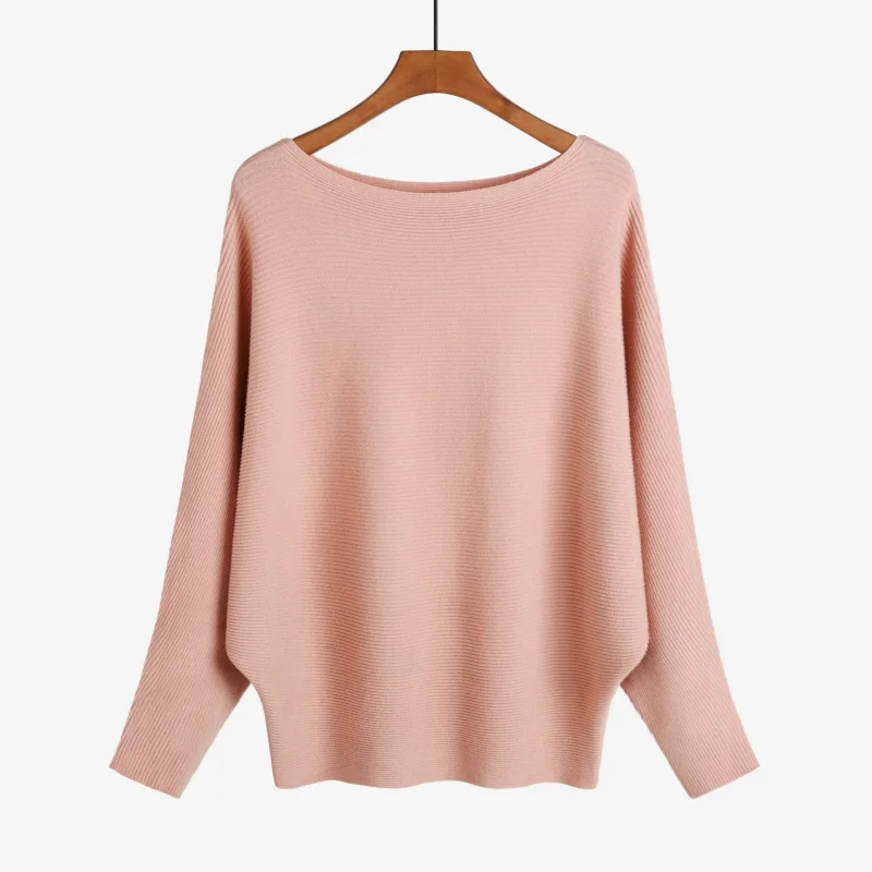 

New Hot-Selling Ribbed Off-Shoulder Batwing Sweater for Women, Loose Fit, Plus Size, Knitted Top, Oversized Shirt