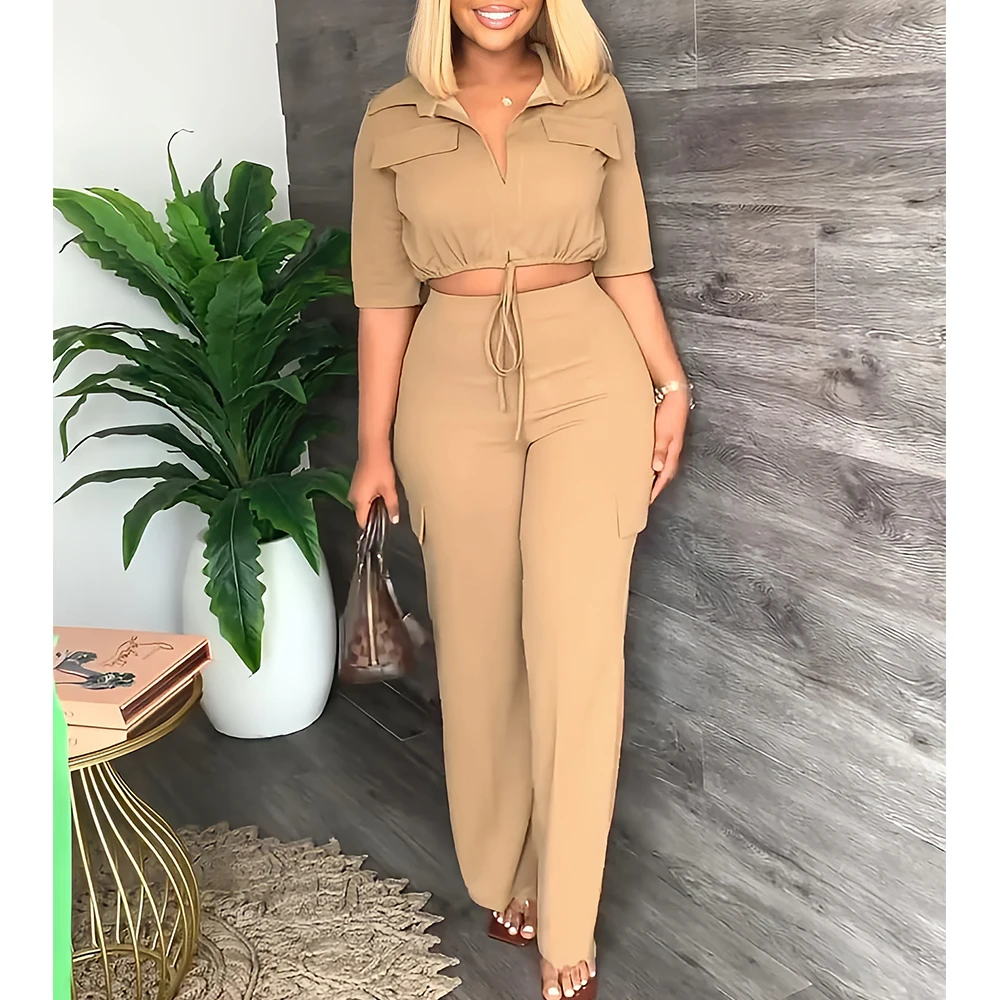 Elegant Women\'s Set Casual Drawstring Half Sleeve Short Blouse High Waist Straight Wide Leg Pant Suit Tracksuit Two Piece Outfit