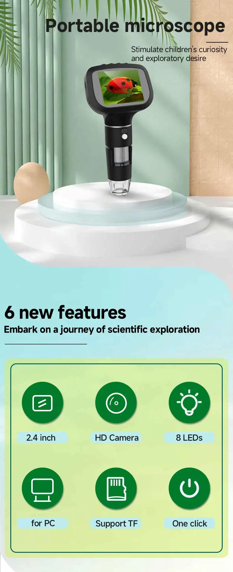 Dodosee 2.4 Inch Digital Microscope 1600X 1080P 8 Lights Handheld Kids Microscopes Supports Photo Video Magnifier Tools for Coin
