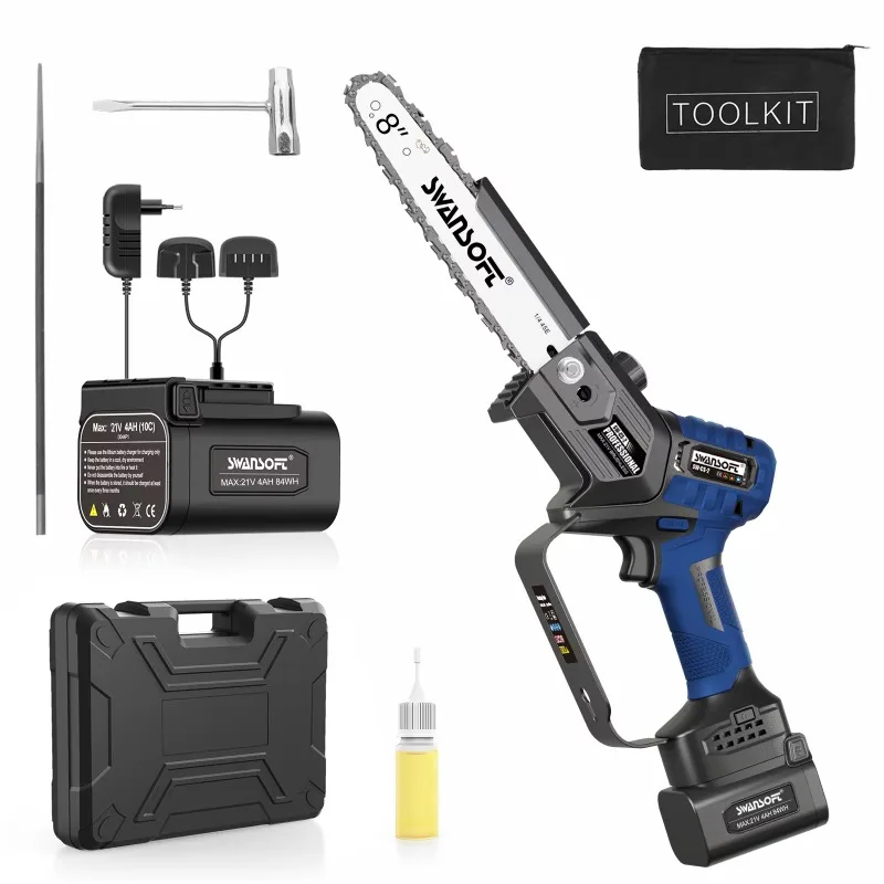 Mini Cordless Chainsaw 8 Inch Electric Chainsaw Handheld for One Hand Operation Garden Pruning Wood Cutting with Safety Lock