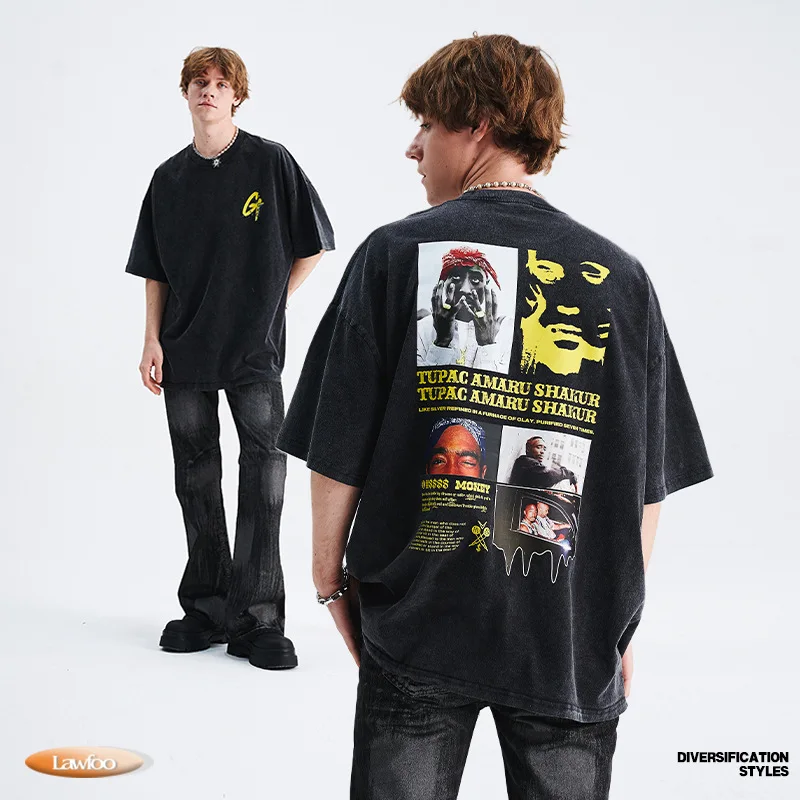 Spring Summer National Trend Brand American Retro Washed Vintage Large Print Drop Shoulder Loose Fit CoupleTT-shirt Fashion