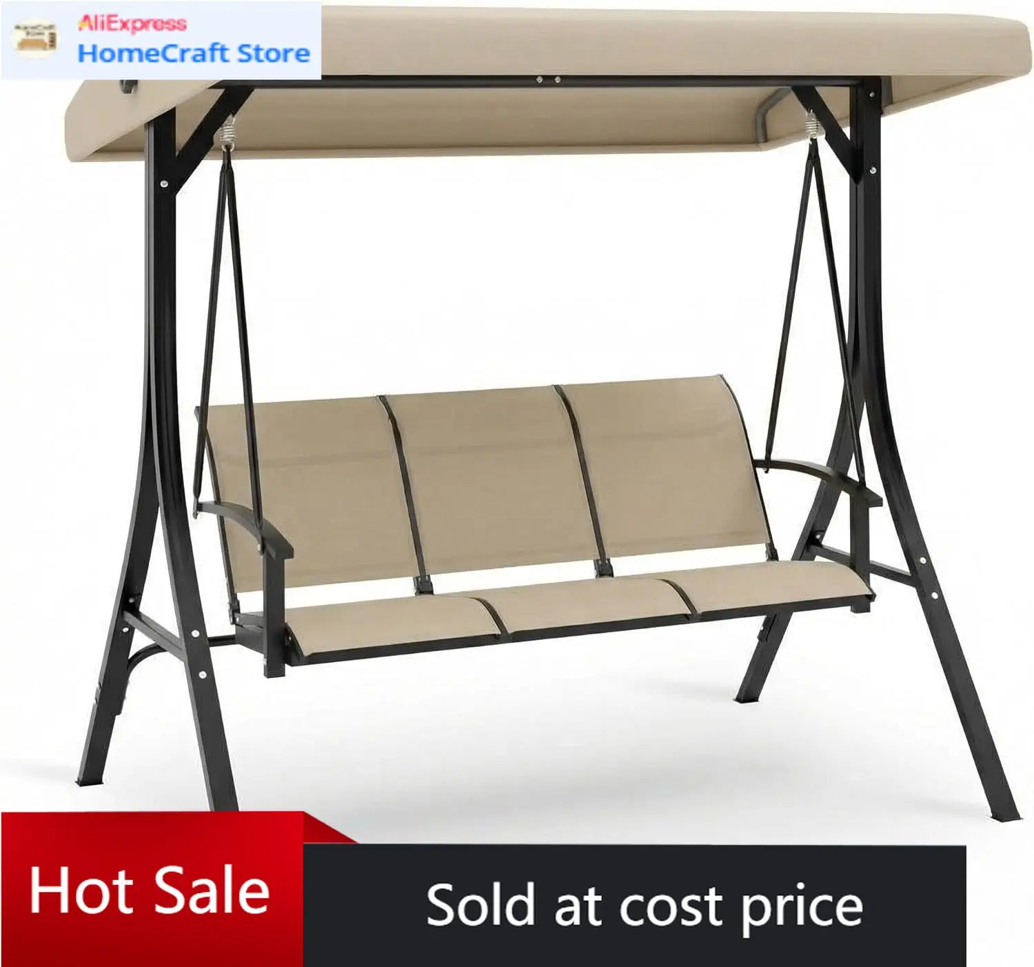 

Бежевые 3-местные уличные качели-диван с регулируемым навесом, подлокотниками, дышащим текстильным сиденьем и спинкой для веранды, сада, зоны у бассейна