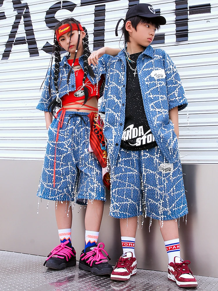 2023 Sequin Denim Hip Hop Suit For Girls Boys Jazz Dance Costume Short Sleeves Tops Fashion Children Clothes Stage Wear BL10448