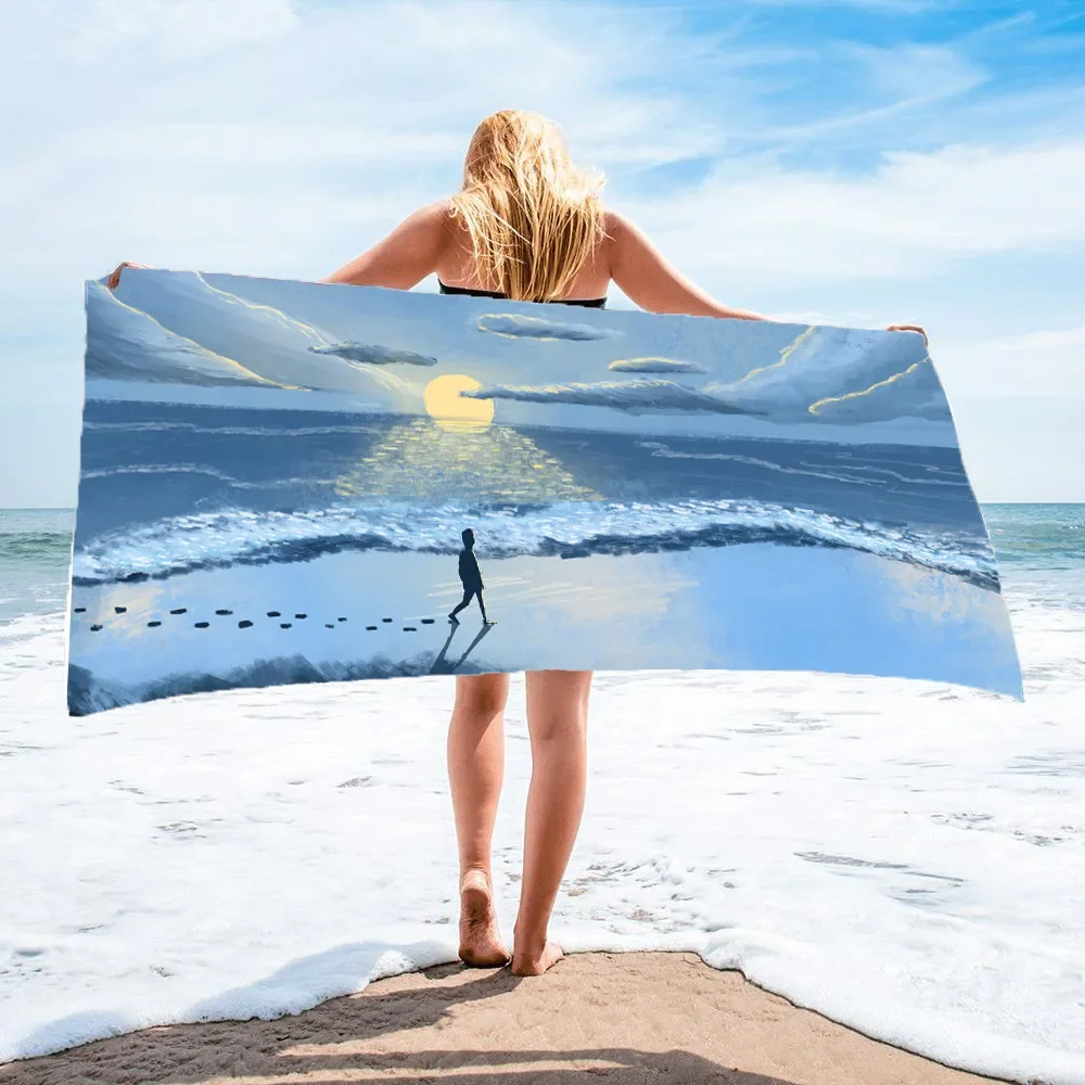 Cartoon Blue Ocean Beach Towel Marine Life Fantasy Absorbent Quick Dry Large Sport Towel Girls Women Camping Vacation Bath Towel