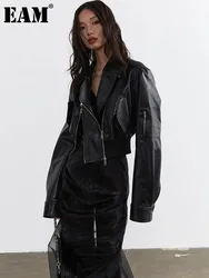 [EAM] Black Pu Leather Zipper Slit Irregular Jacket New Lapel Long Sleeve Women Coat Fashion Tide Spring Autumn 2024 1DH4723