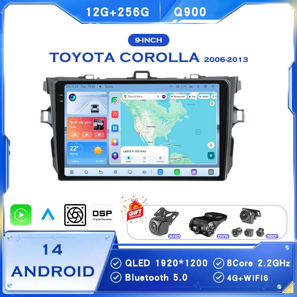 

BINGFAN 9" Android 14 Car Stereo for Toyota Corolla 2007-2013 | GPS Navigation Multimedia DVD Player with Bluetooth