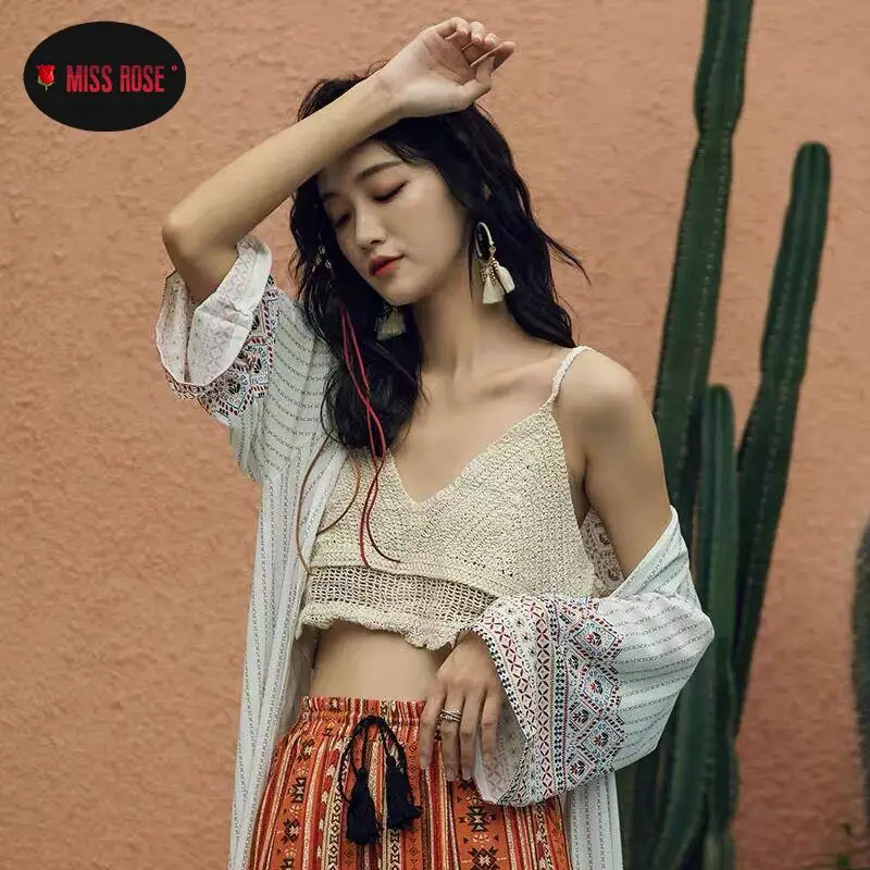 Mùa Hè Nữ Đi Biển Che Bikini Sexy Voan Dài Cardigan Nữ Dân Tộc In Hình Bãi Biển Ngày Lễ Bohemian Áo Tắm Thun Dài