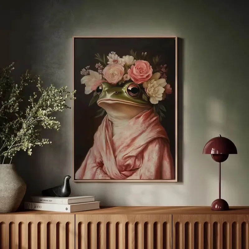 Retro Frog Portrait with Flower Crown Powder Shawl Canvas Poster Art Wall Aesthetic Home Decoration for Bedroom and Living Room