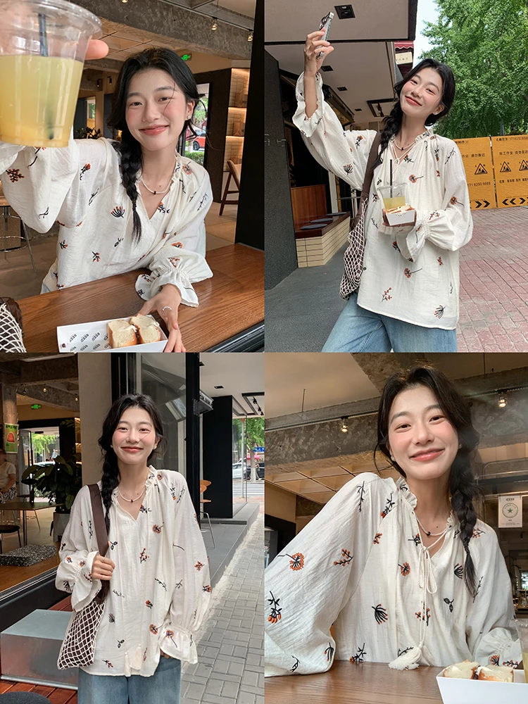 

Женская свободная блузка с длинным рукавом и вышивкой, весенняя мода 2026, новый стиль, универсальный повседневный топ с цветочным дизайном