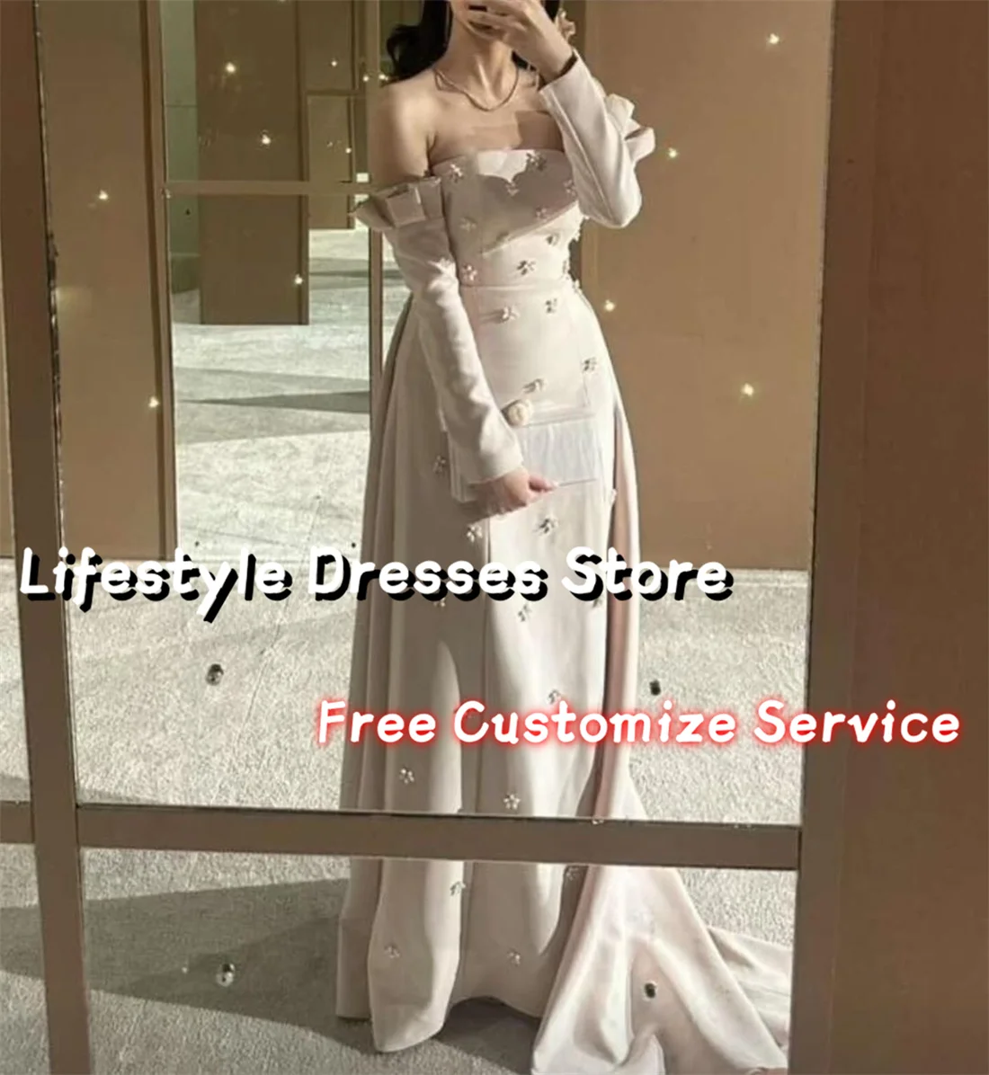 Customized Beads Prom Dresses Long Sleeves Gorgeous Evening Dress Back Tail Floor-Length Wedding Party Gown Formal Dress