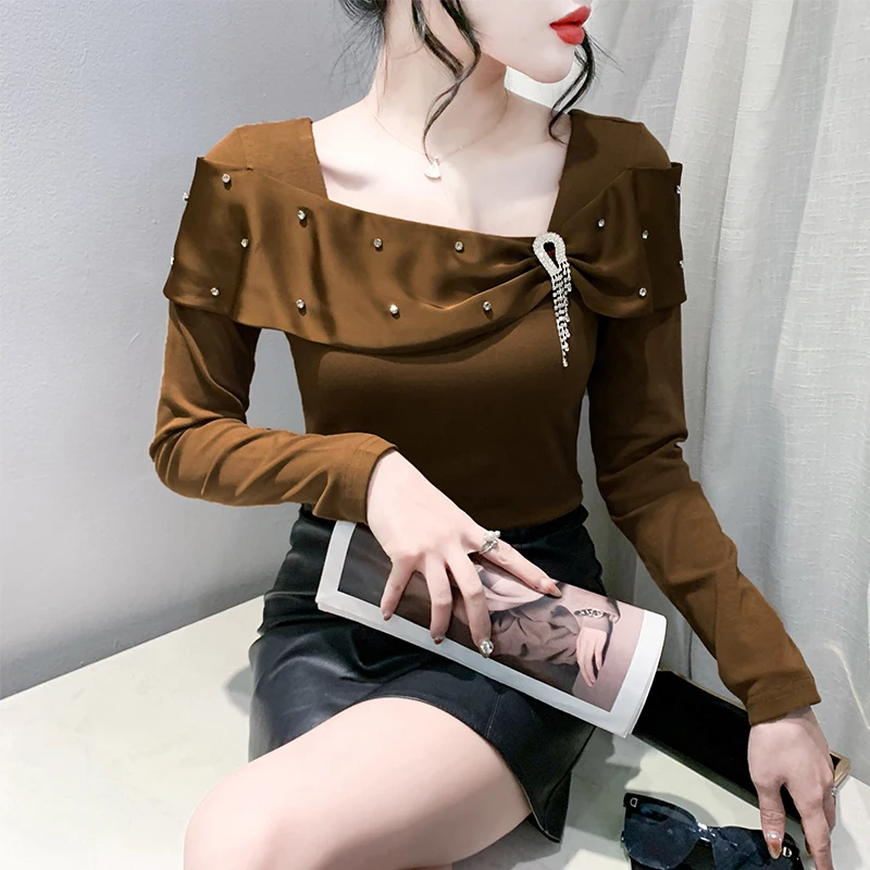 Damska bluzka Bla Long Sve, bazowa, na wiosnę i jesień, nowa, seksowna, z kwadratowym dekoltem, zdobiona cyrkoniami, dopasowana, modna bluzka typu bloomers.