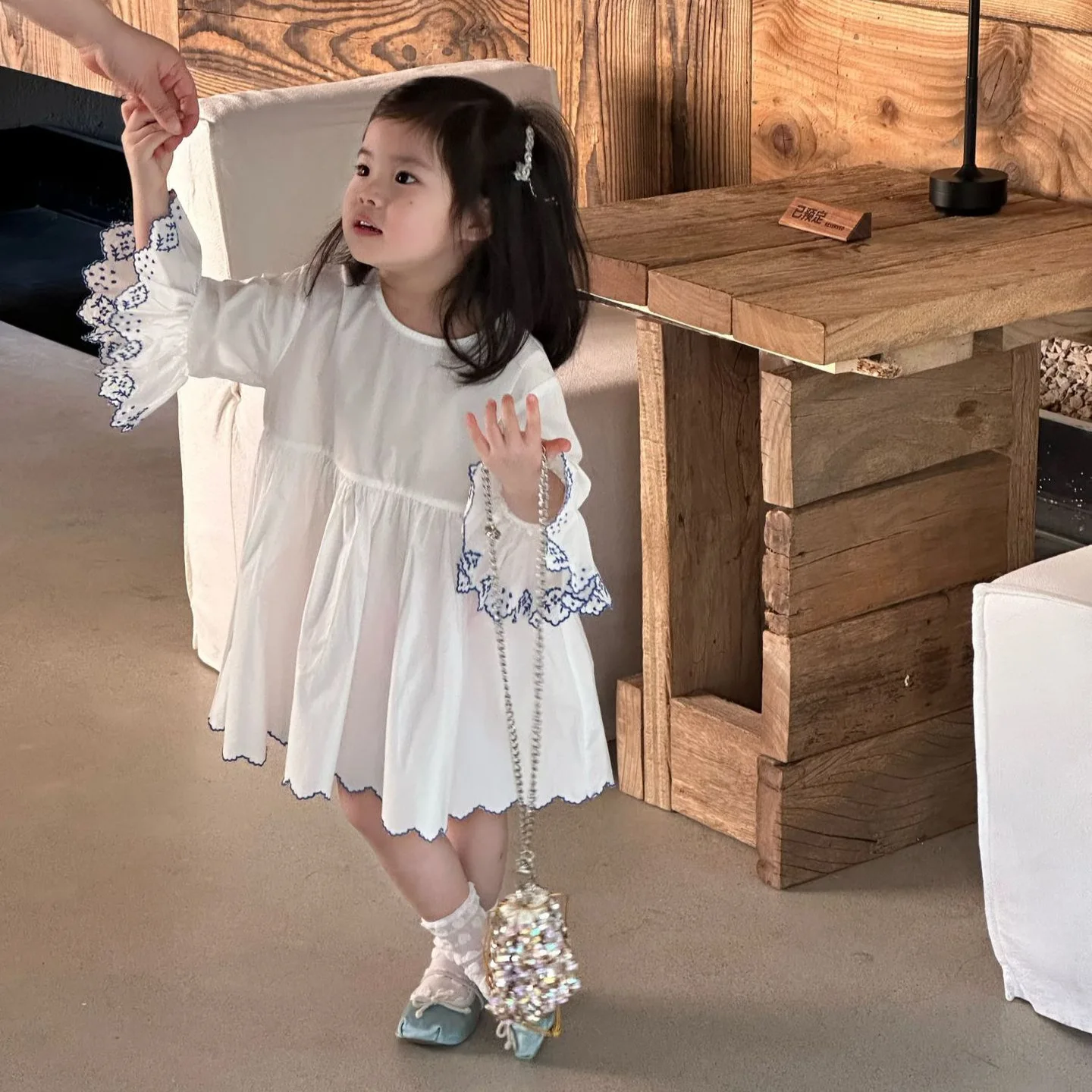 2026 Spring Children Girls Dress Cotton Bubble Long Sleeve Kids Girls Princess Dress Blue Embroidery Toddler Babys Girls Dresses
