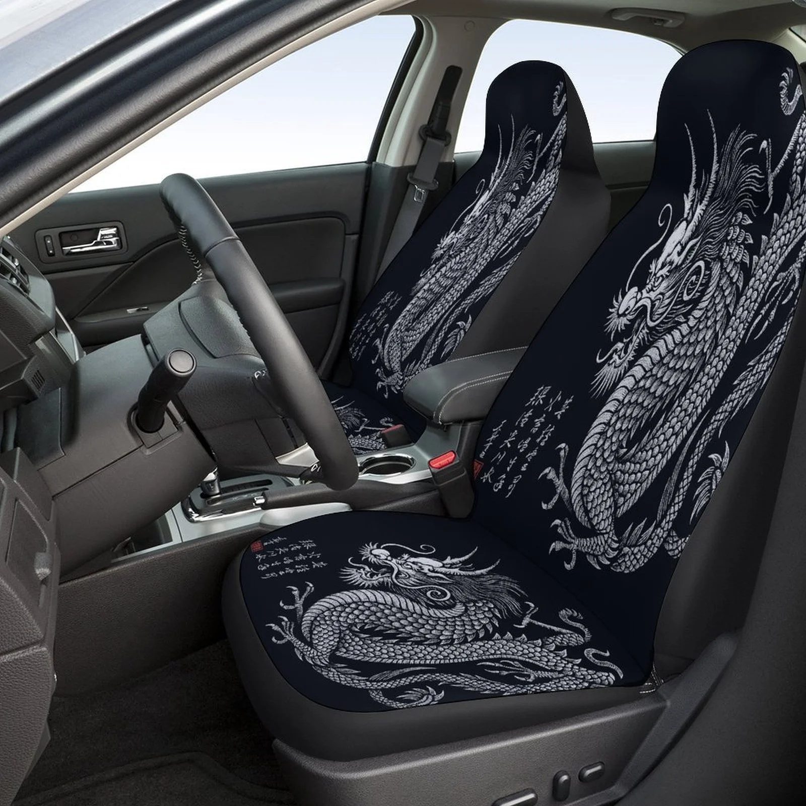 Dragon Illustration Themed Car Seat Cover Set For Most Cars, Trendy High-quality Car Seat Protector Covers Full Set, Universal C